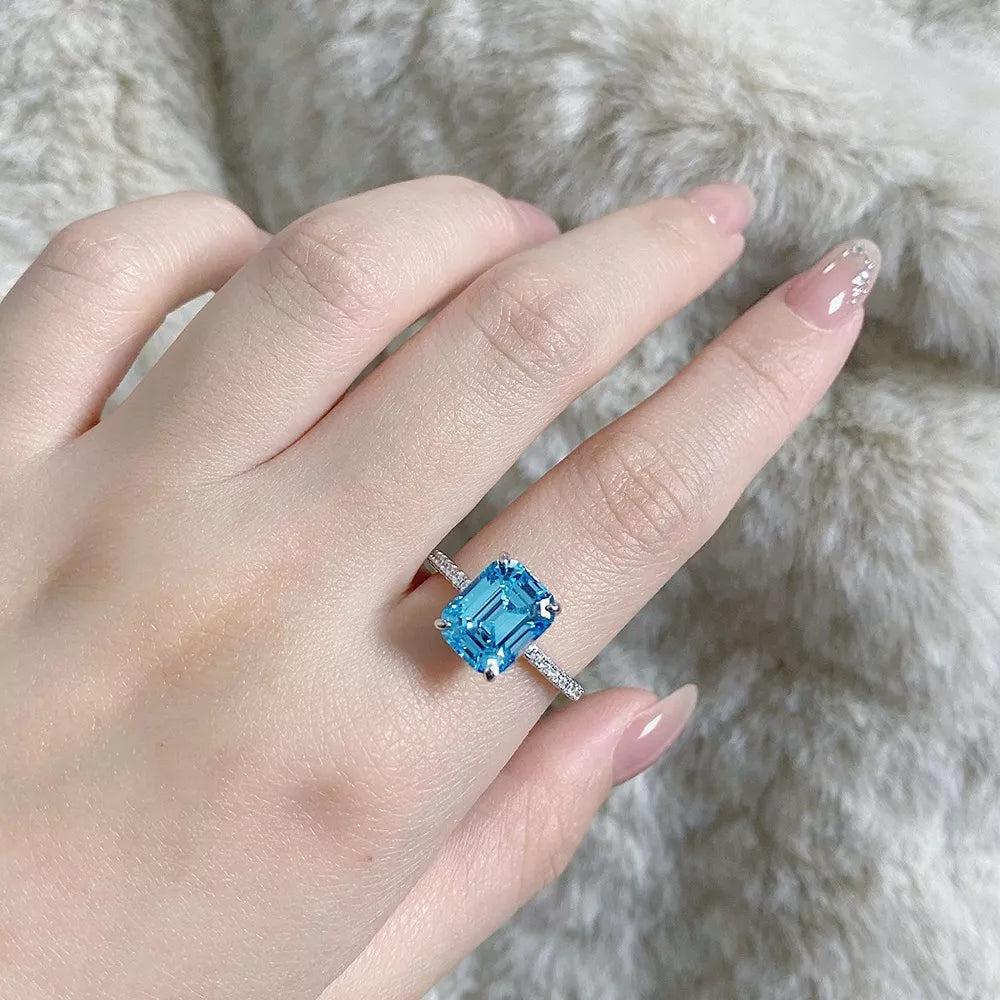 925 Sterling Silver Rectangle Ring With Diamonds in sky blue with rectangle cut stone