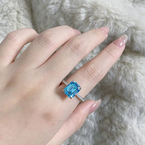 925 Sterling Silver Rectangle Ring With Diamonds in sky blue with rectangle cut stone