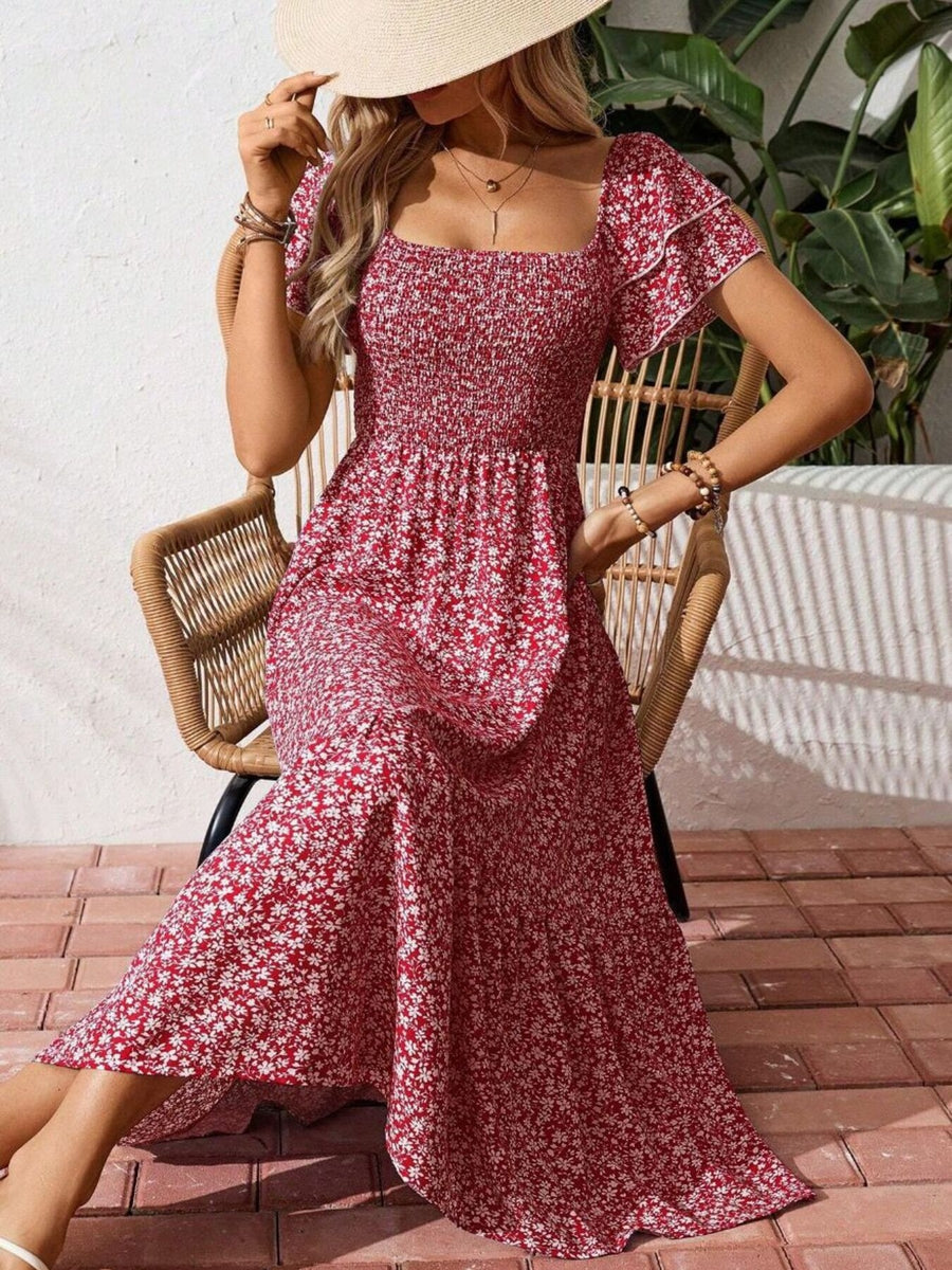 Red floral smocked midi dress with ruffle sleeves and square neckline