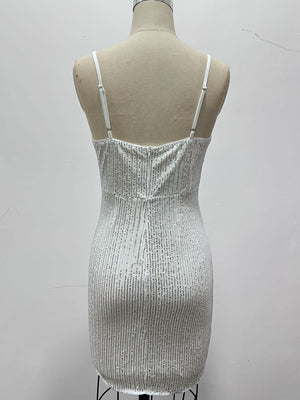 glam mini dress in silver with v-neck