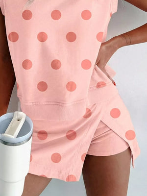 Polka dot watermelon pink crew neck sleeveless top and skort set