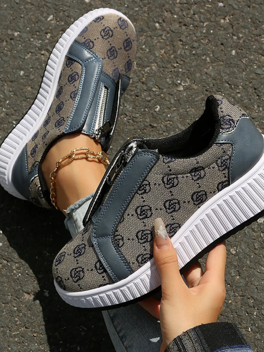 Logo print zip-up platform sneakers in tan with gray accents and a white sole.