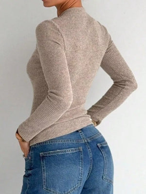 Beige ribbed long sleeve maternity t-shirt with twisted front and keyhole detail