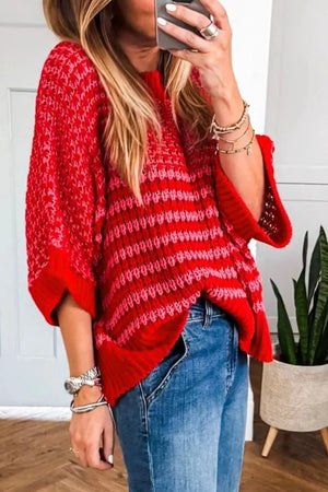 Red acrylic crew neck sweater with pink stripes and crochet detail.