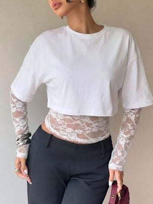 White with Lace Patchwork Short Sleeve T-shirt