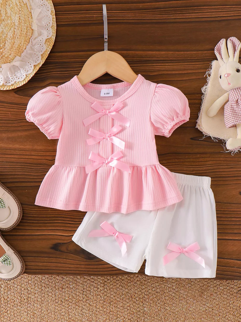 Pink Children's Ribbed Bow Top And Shorts Set