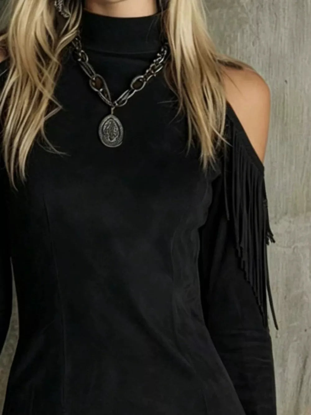 bohemian mini dress in camel with mock neck