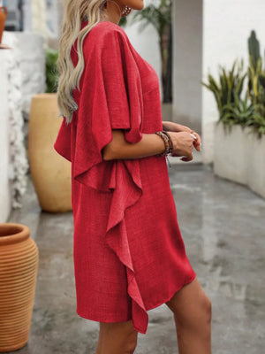 Red mini dress with flowy sleeves and ruffled hem detail