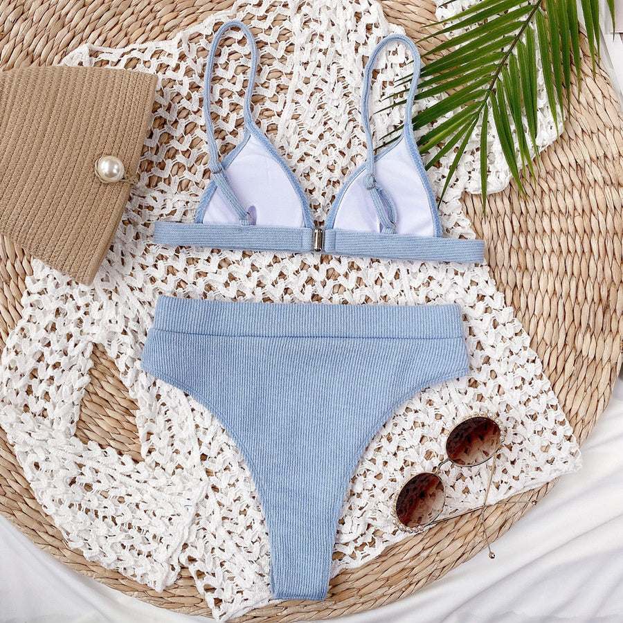 Light blue ribbed triangle bikini top and high-waist brief