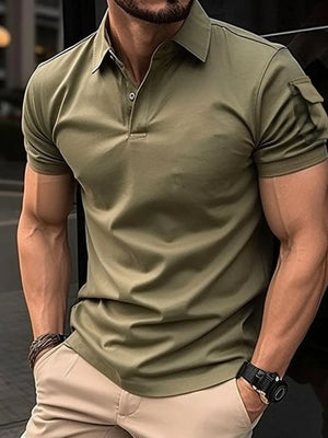 Tactical polo shirt in olive green with short sleeves, buttoned collar, and utility chest pocket.