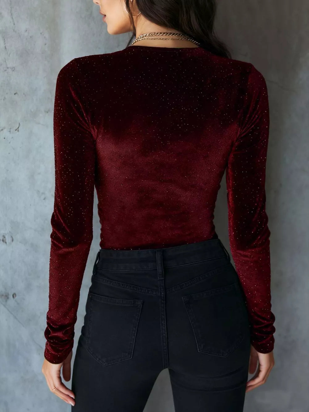 Burgundy velvet ruched long sleeve t-shirt with subtle sparkle detail