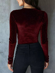 Burgundy velvet ruched long sleeve t-shirt with subtle sparkle detail
