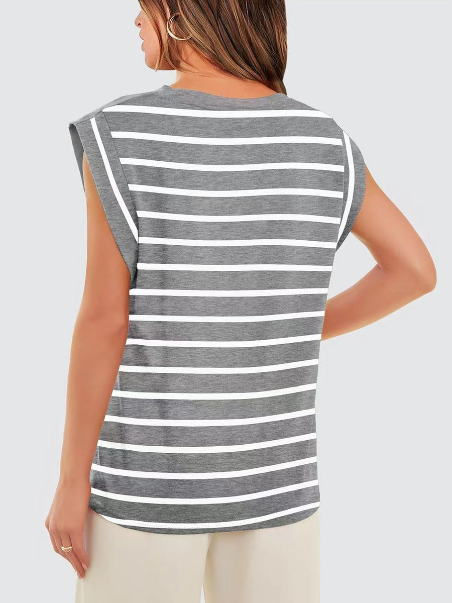 Tank top with padded shoulders and white horizontal stripes on grey fabric.