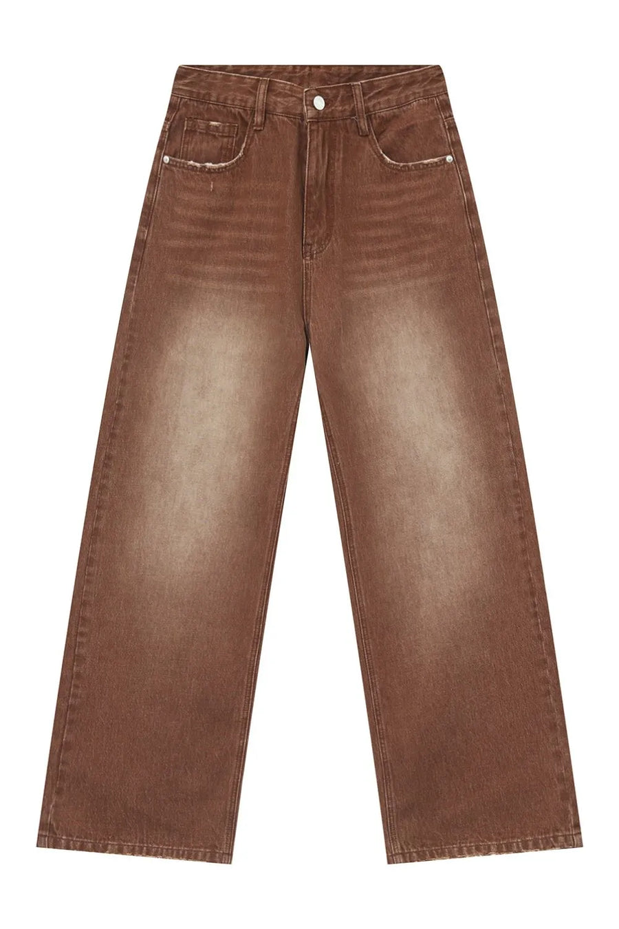 Brown faded wash wide leg denim trousers with distressed pocket details.