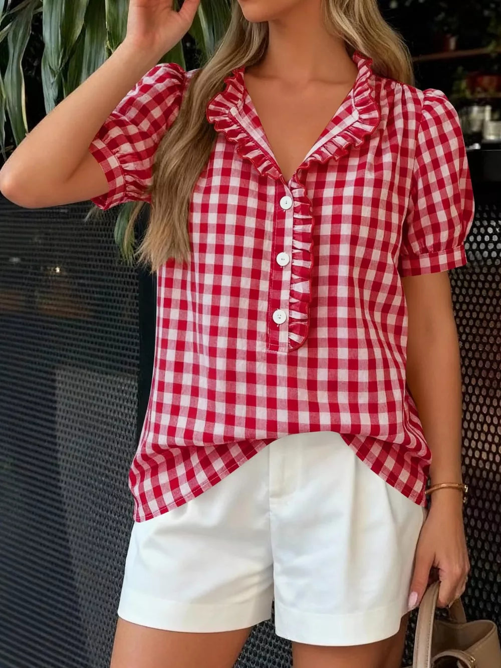 white blouse with ruffled and puff sleeve