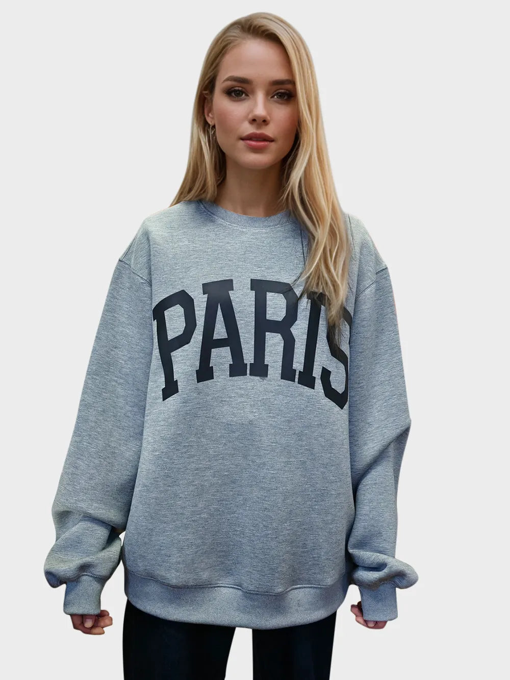 Gray crewneck sweatshirt with black Paris graphic print