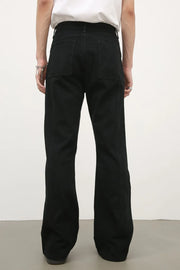 Black flare jeans with panel seams and a casual fit.