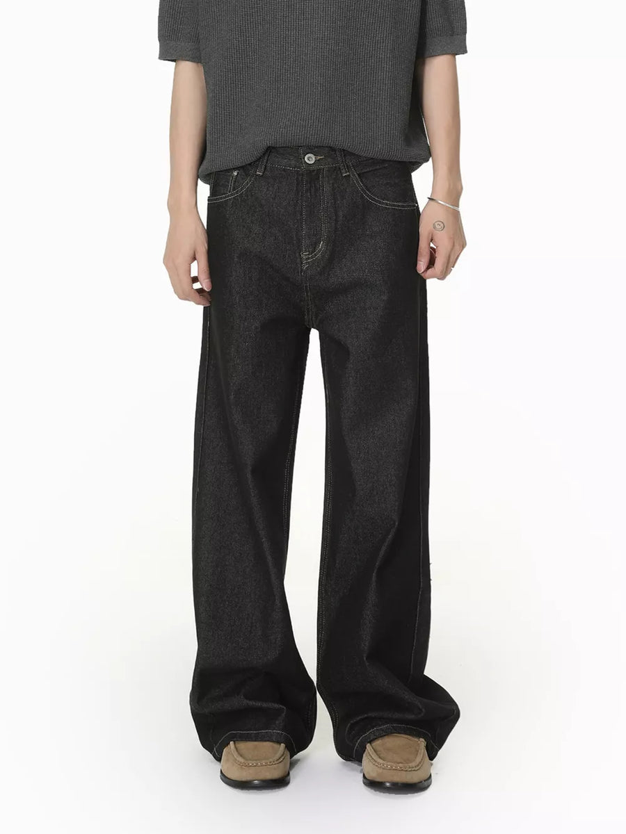 Relaxed fit wide-leg dark wash jeans with pockets and button fly.