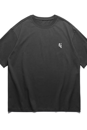 Black cotton blend crewneck tee with small white embroidered logo detail