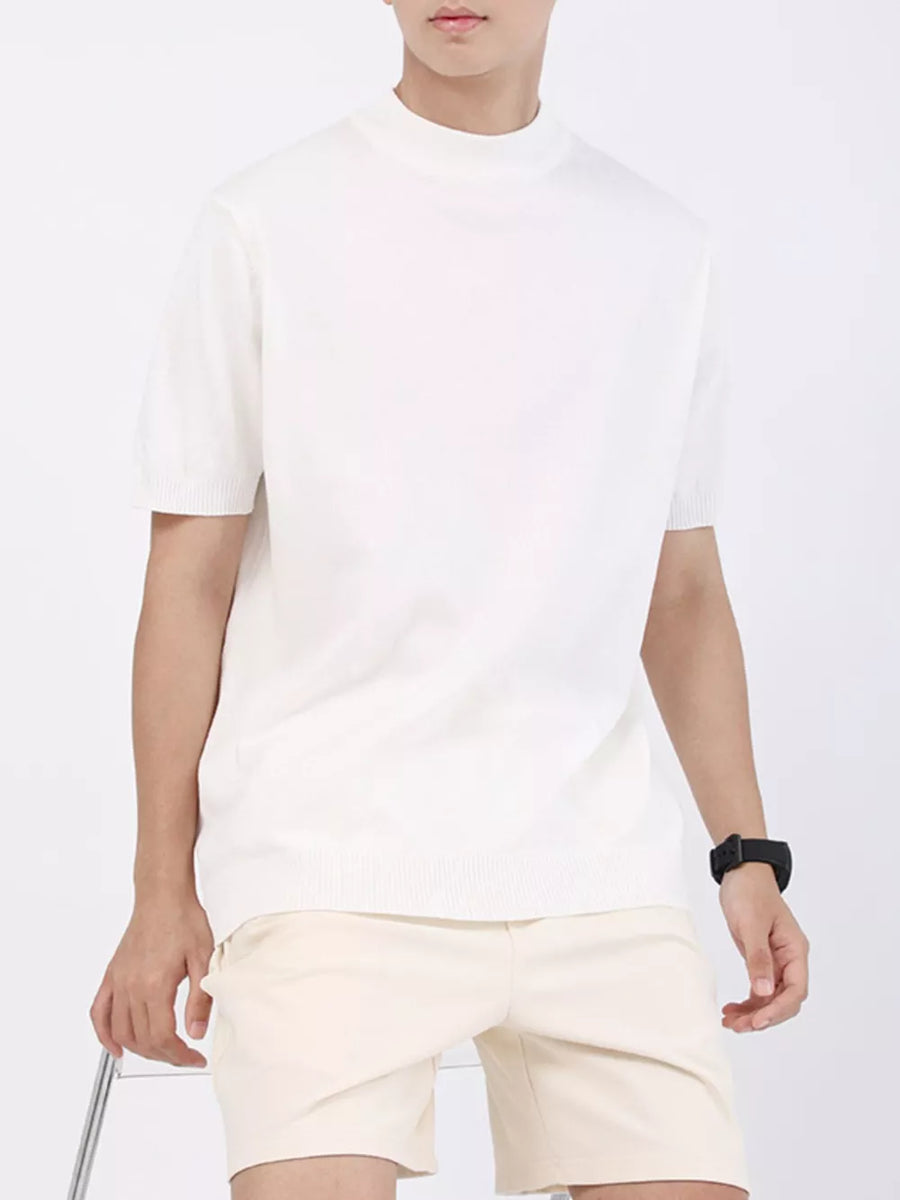 Men's white short sleeve mock neck knitted t-shirt with ribbed cuffs and hem.