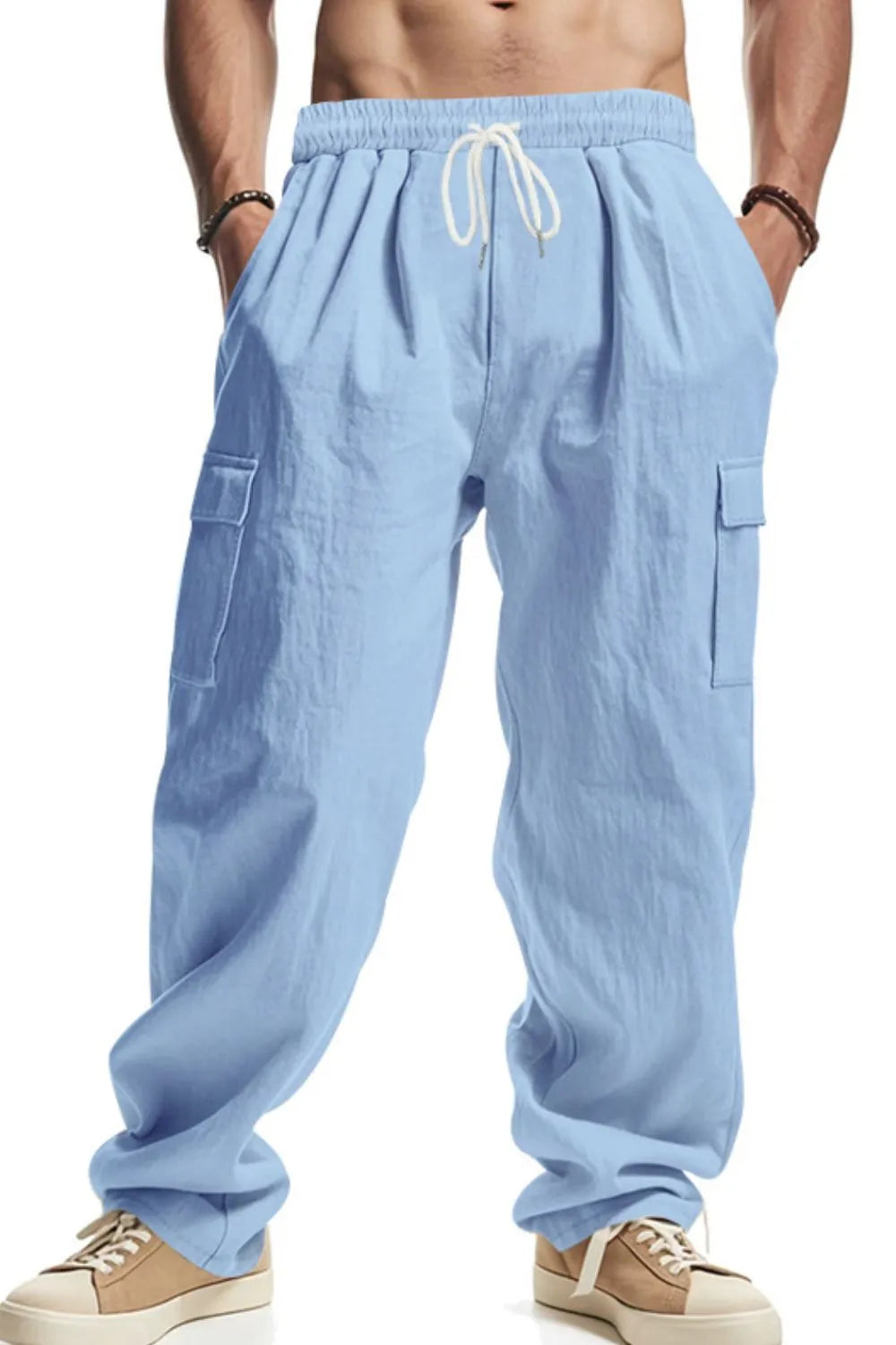 Light blue relaxed-fit linen cargo pants with drawstring waist and side pockets.