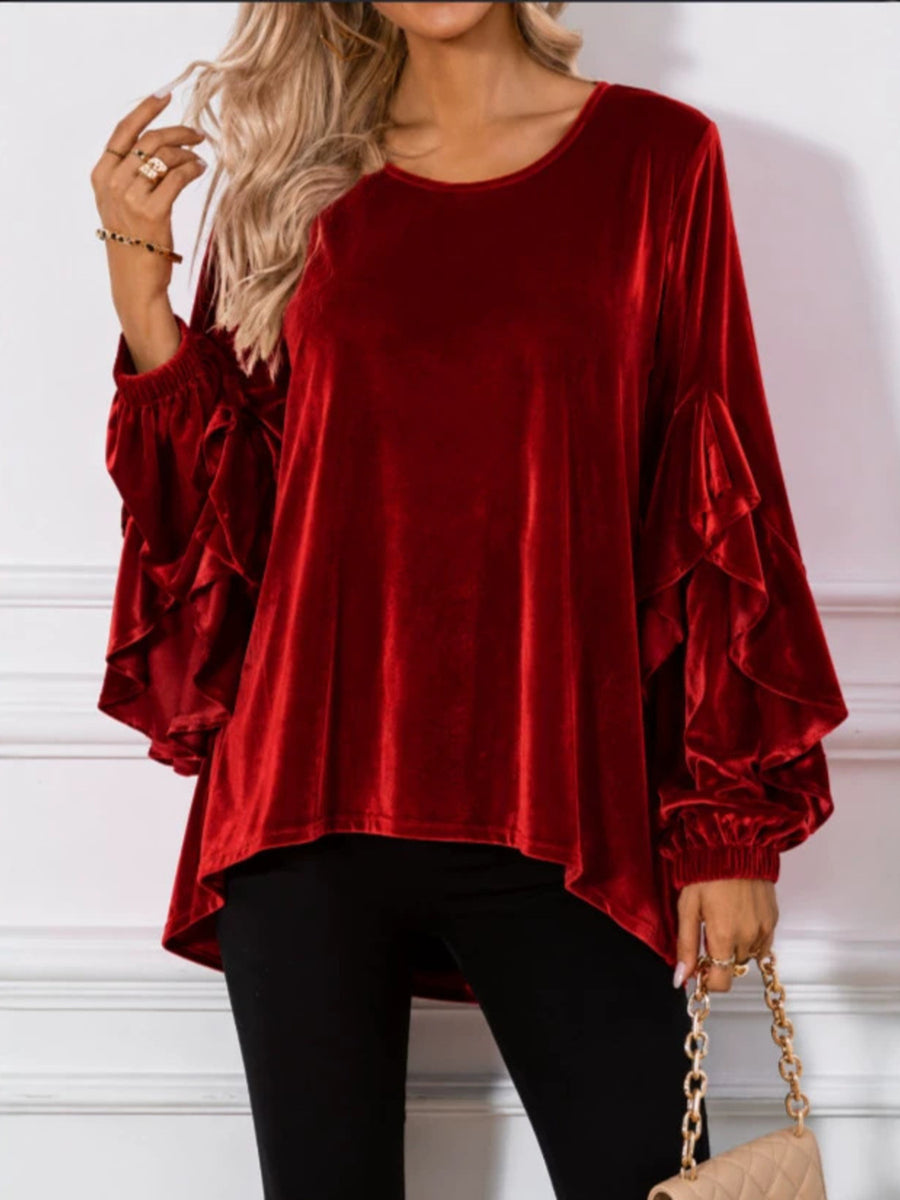 olive green blouse with stretch and bell sleeve
