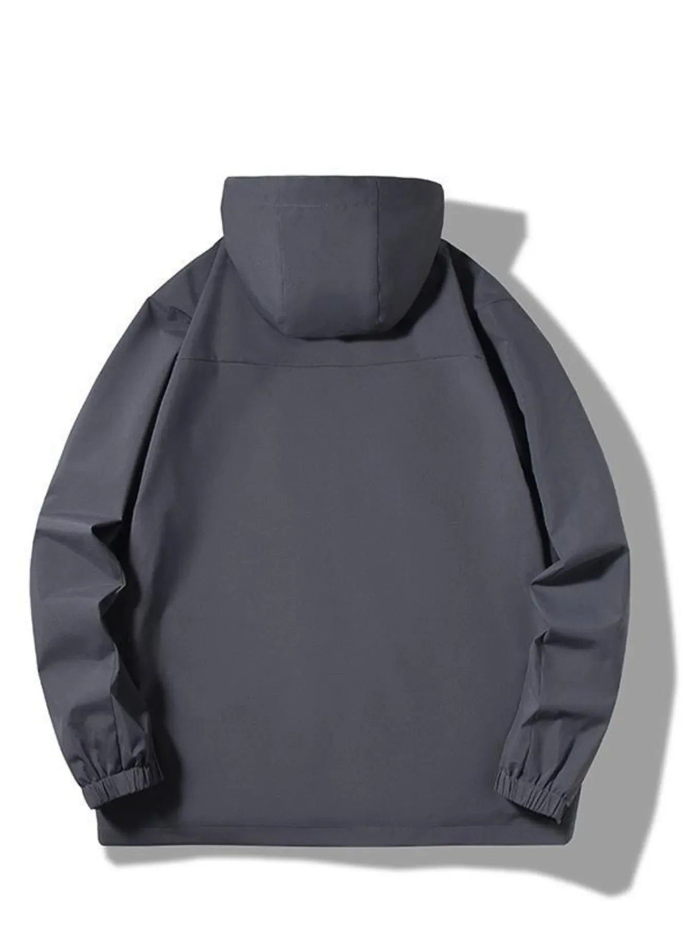 Dark gray hooded windbreaker jacket with elastic cuffs and hem