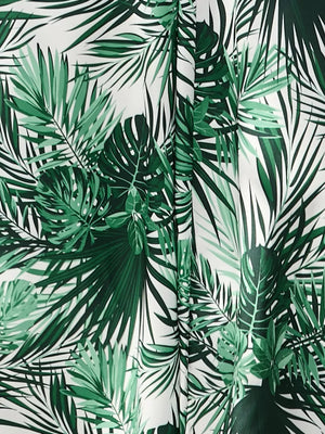 Chic floral midi dress fabric with green palm leaf print.