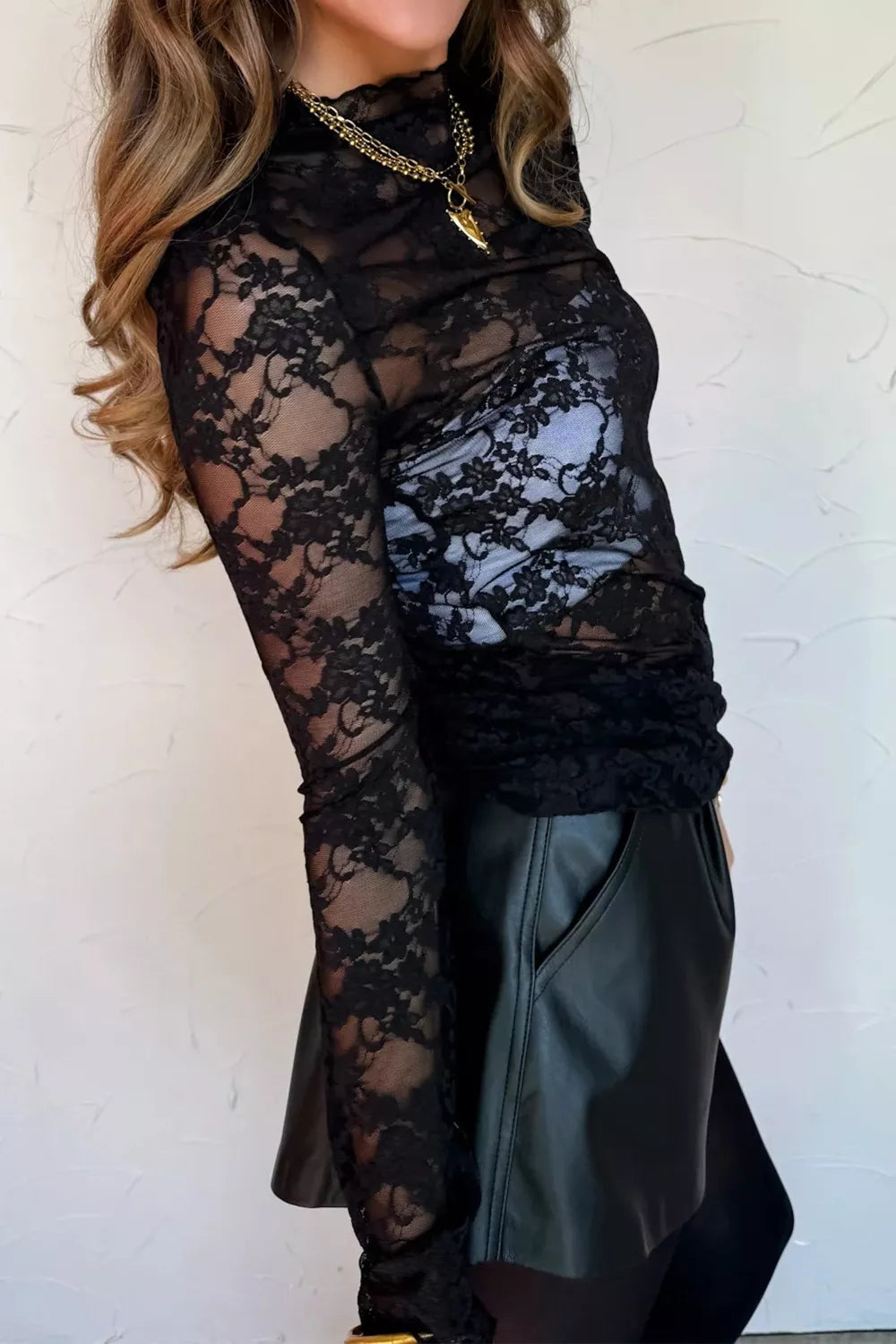 Black sheer floral lace fitted long sleeve shirt with mock neck