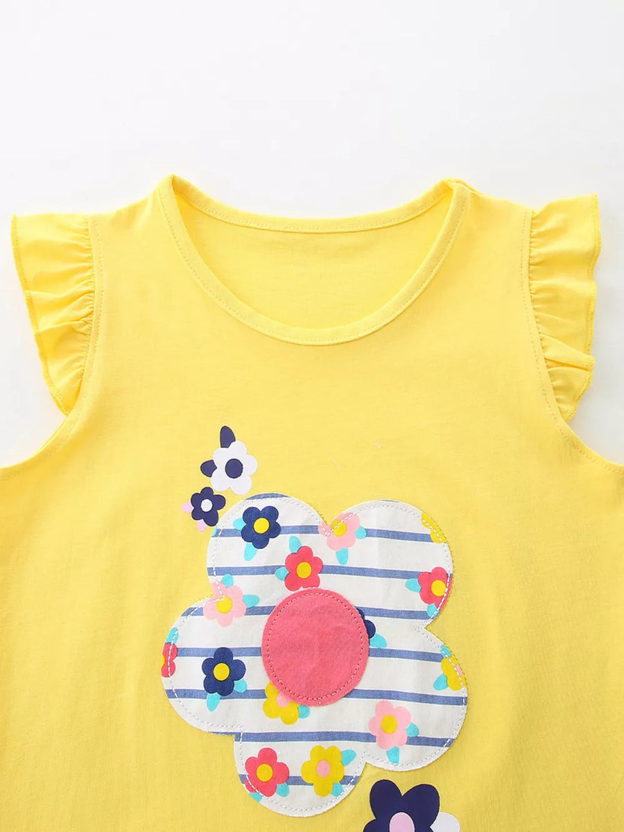 Yellow cotton toddler set with floral applique and ruffle sleeves.