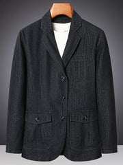 Textured black denim blazer with notched lapels and button-down front.