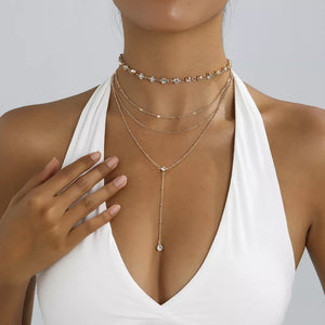 Multi-layered Rhinestone 18k Gold-plated Choker Necklace in Gold