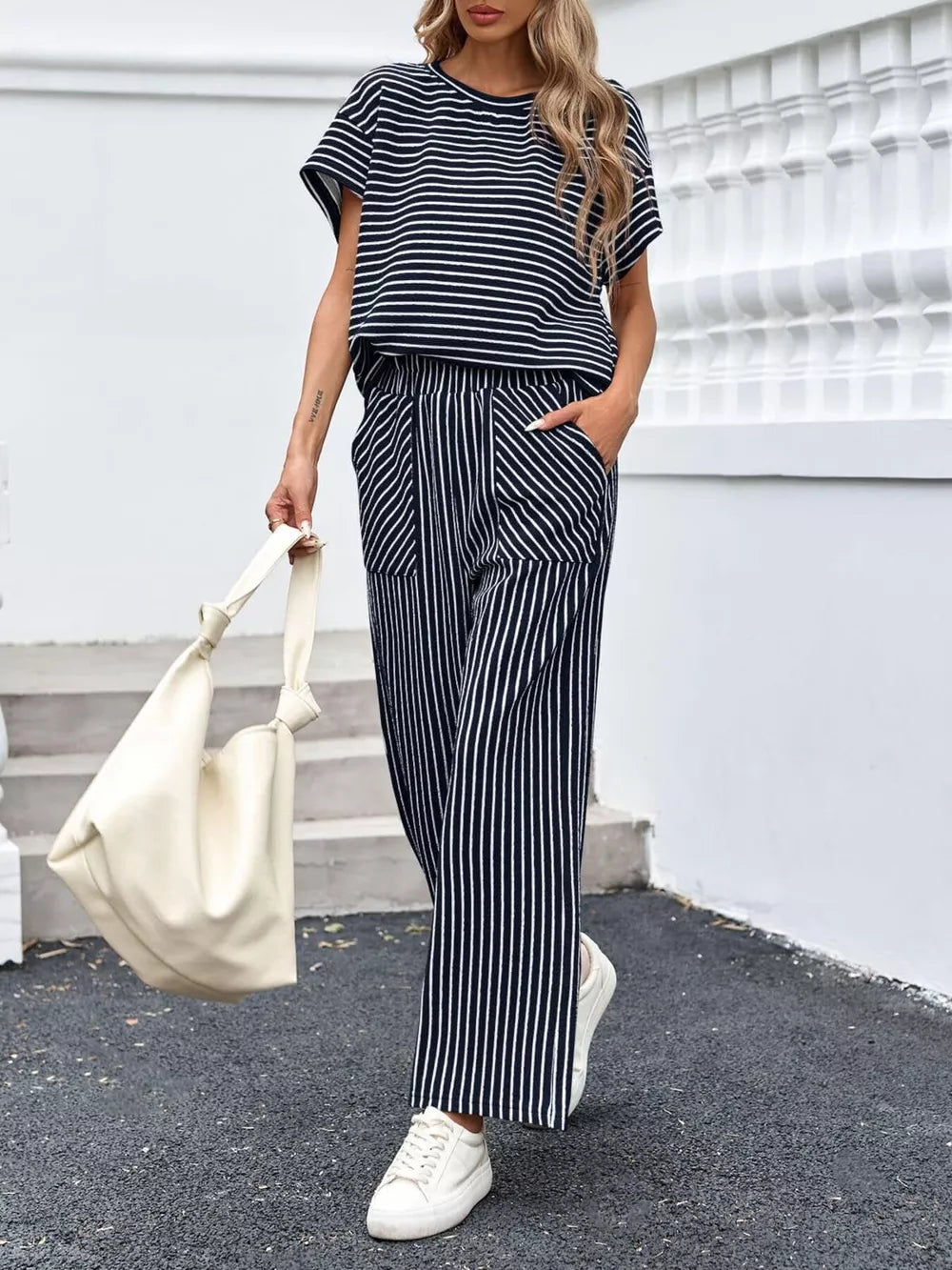 two-piece set in Black with striped and drawstring