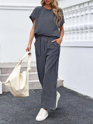 two-piece set in Black with striped and drawstring