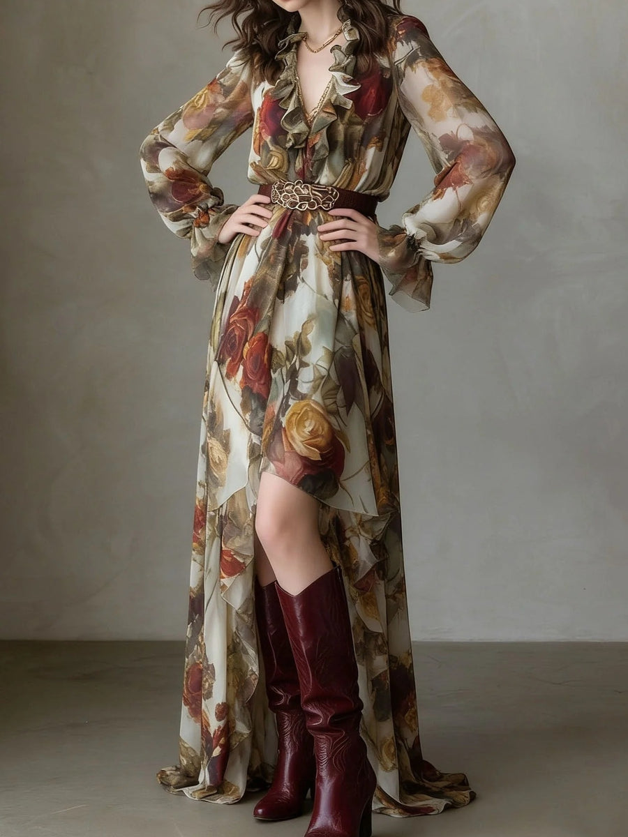 deep red maxi dress featuring belted and floral