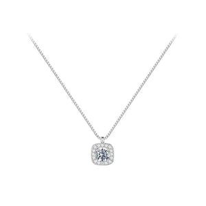 Sterling silver square pendant necklace with a dazzling center stone and delicate chain.