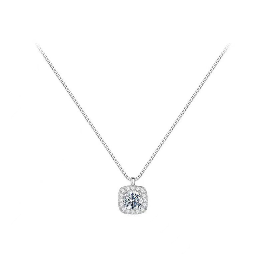 Sterling silver square pendant necklace with a dazzling center stone and delicate chain.