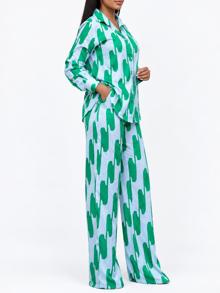 two-piece set in kelly green with buttoned and full-length