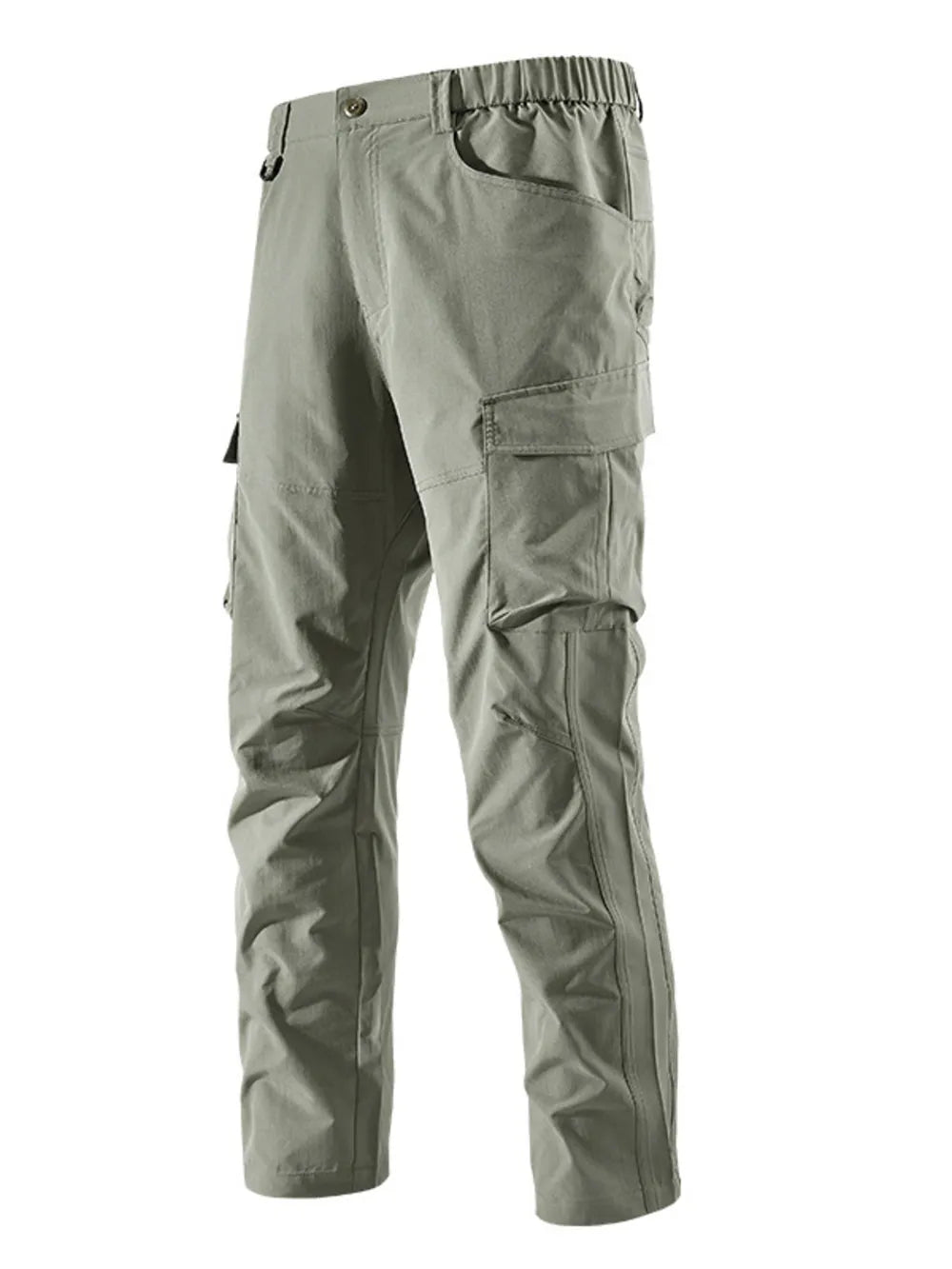 Sage cargo pants with elastic waist, drawstring, and multiple pockets.