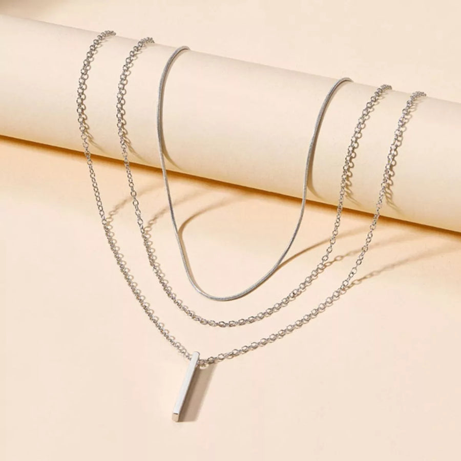 Silver layered necklace with snake chain and bar pendant
