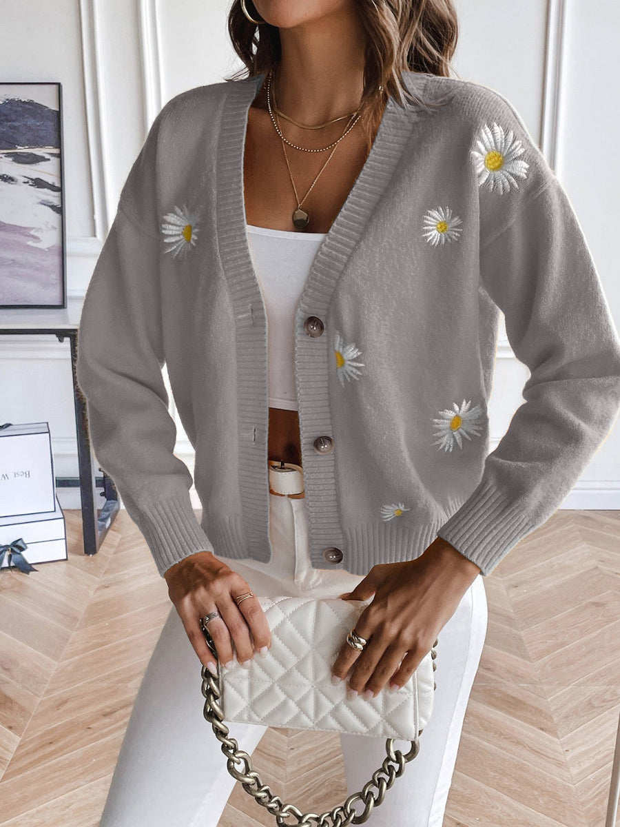 Dark Gray button-down cardigan with embroidered daisies, V-neck, and long sleeves.