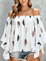 white off-shoulder top with feather-print and off-shoulder