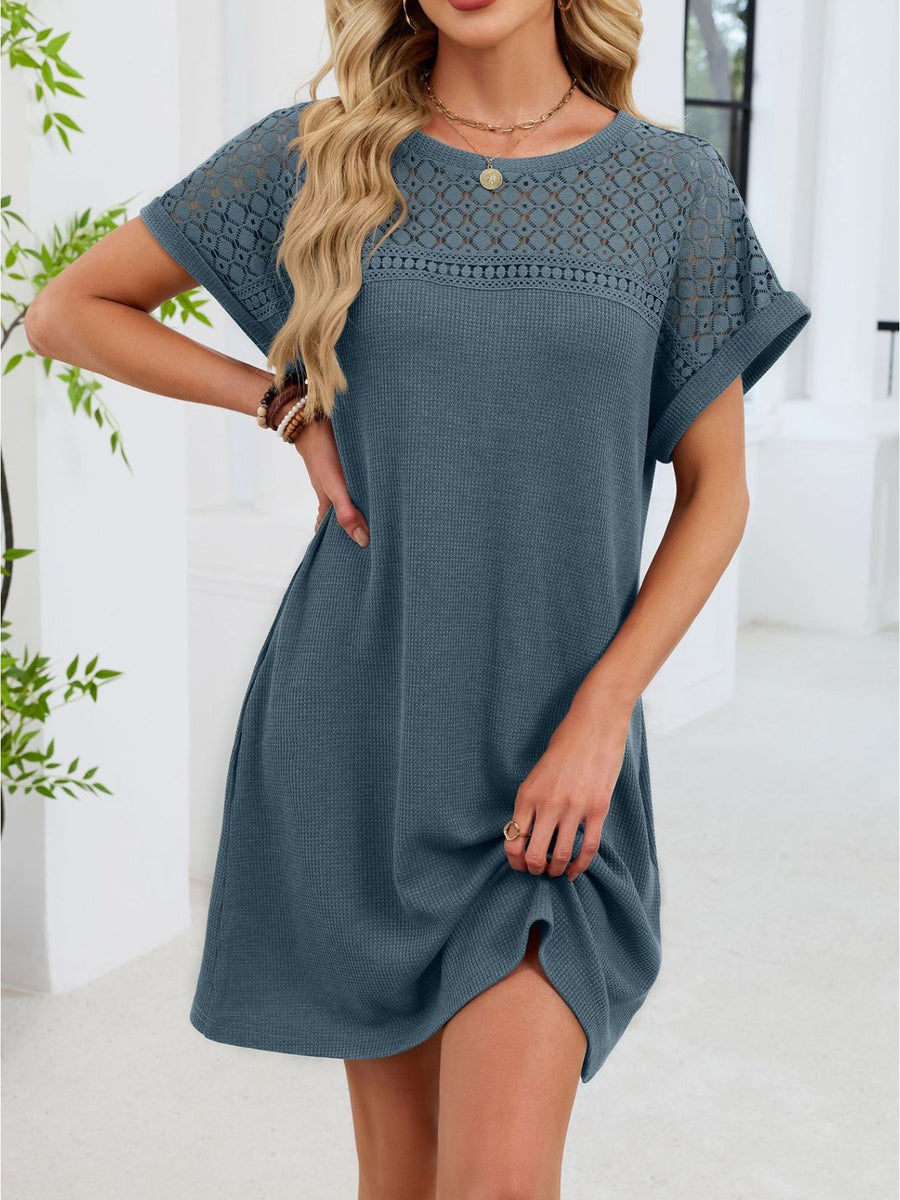 Sheer lace yoke t-shirt dress in French Blue with short sleeves and above-knee length.