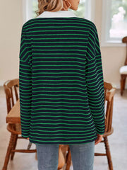 Oversized Striped Johnny Collar T-shirt in white with stretch