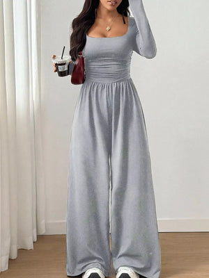 Apricot Ruched Square Neck Wide-leg Jumpsuit