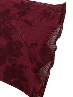 Burgundy floral mesh bodycon mini dress with scalloped hem detail.
