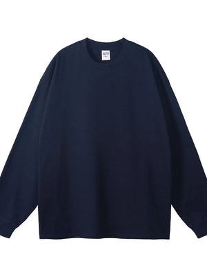 Navy oversized drop-shoulder crewneck pullover sweatshirt, 100% cotton, basic style.