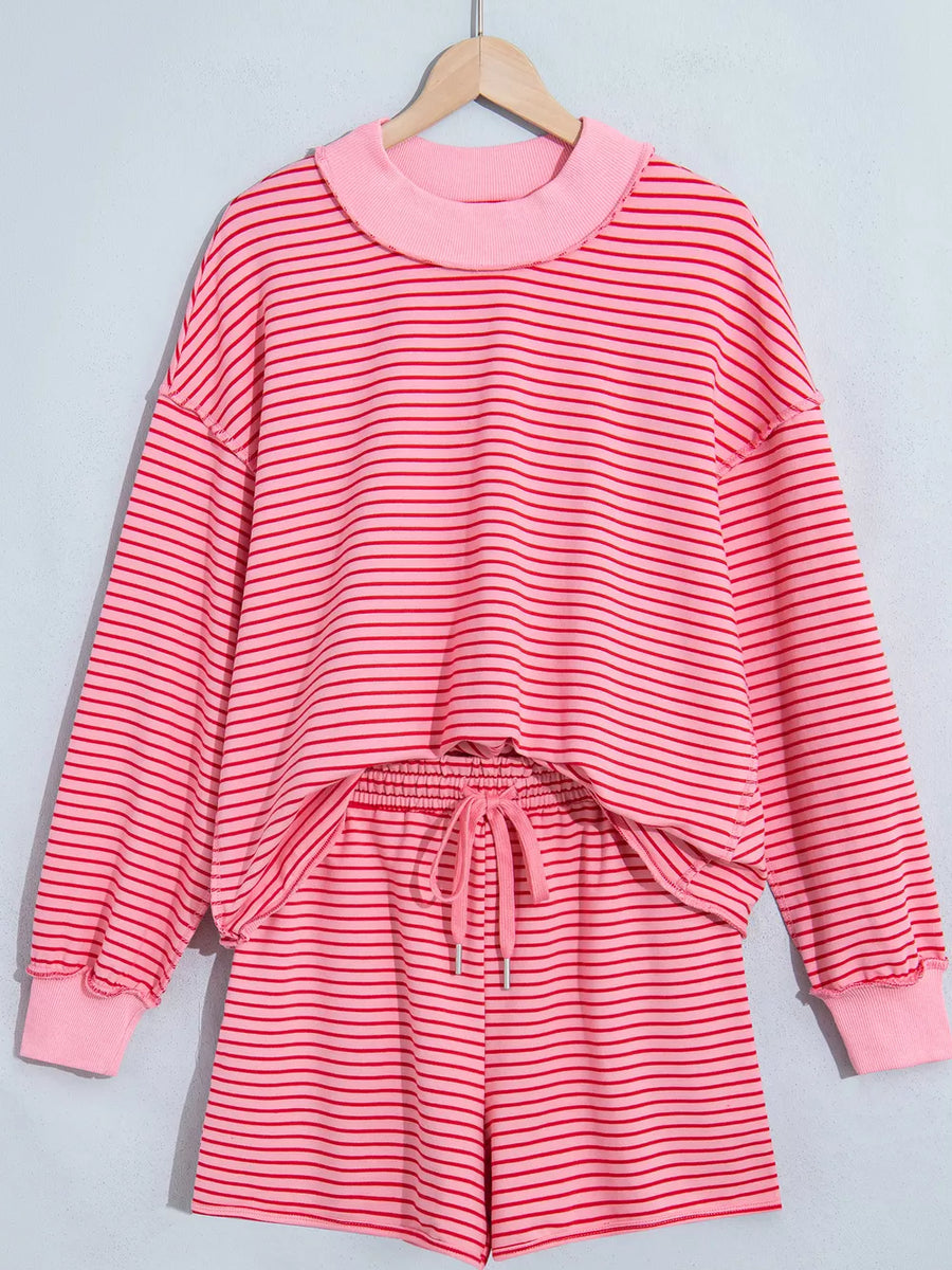 red lounge set featuring two-piece and striped