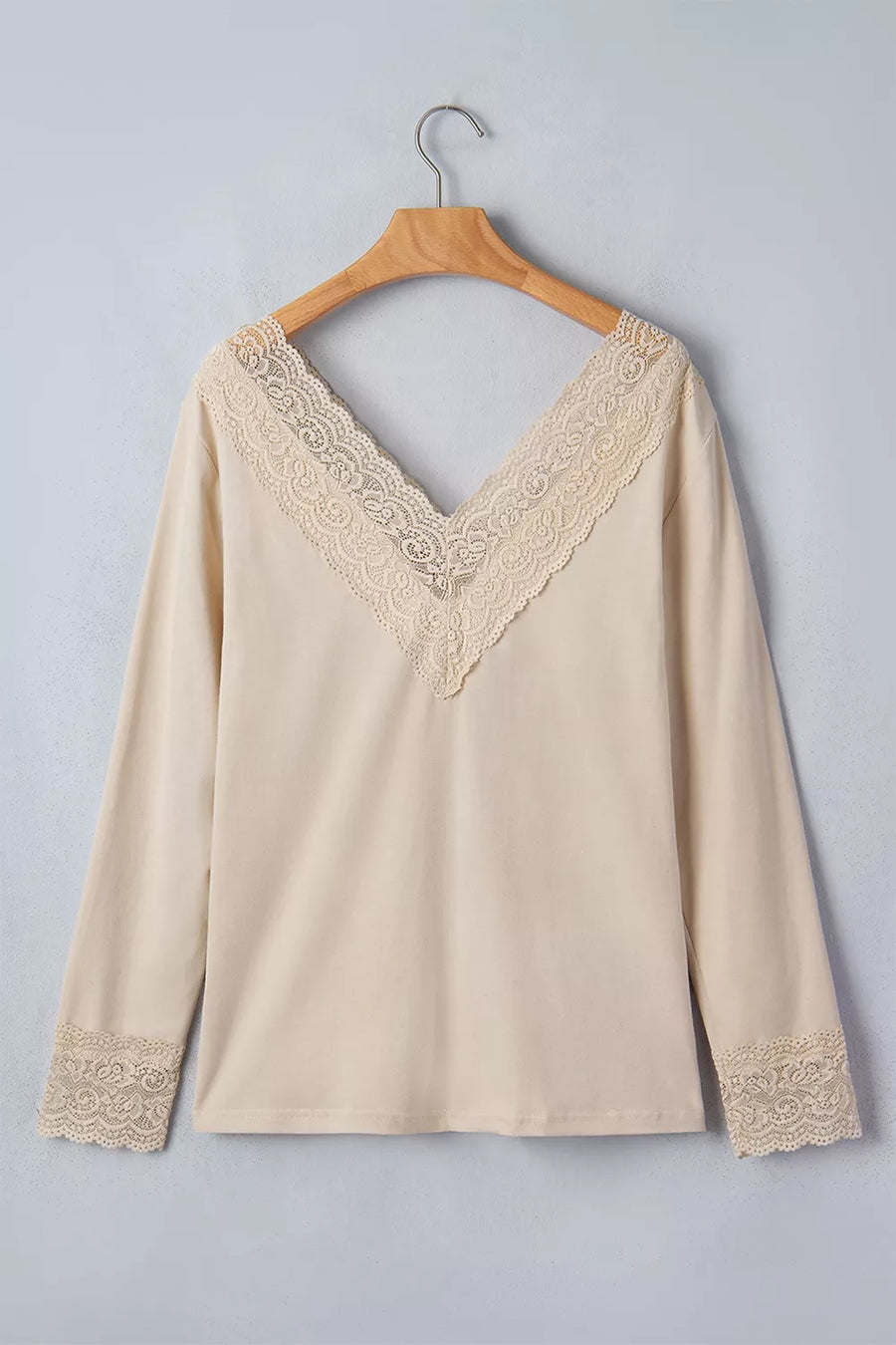Lace Trim V Neck Long Sleeve Patchwork Shirt option 6