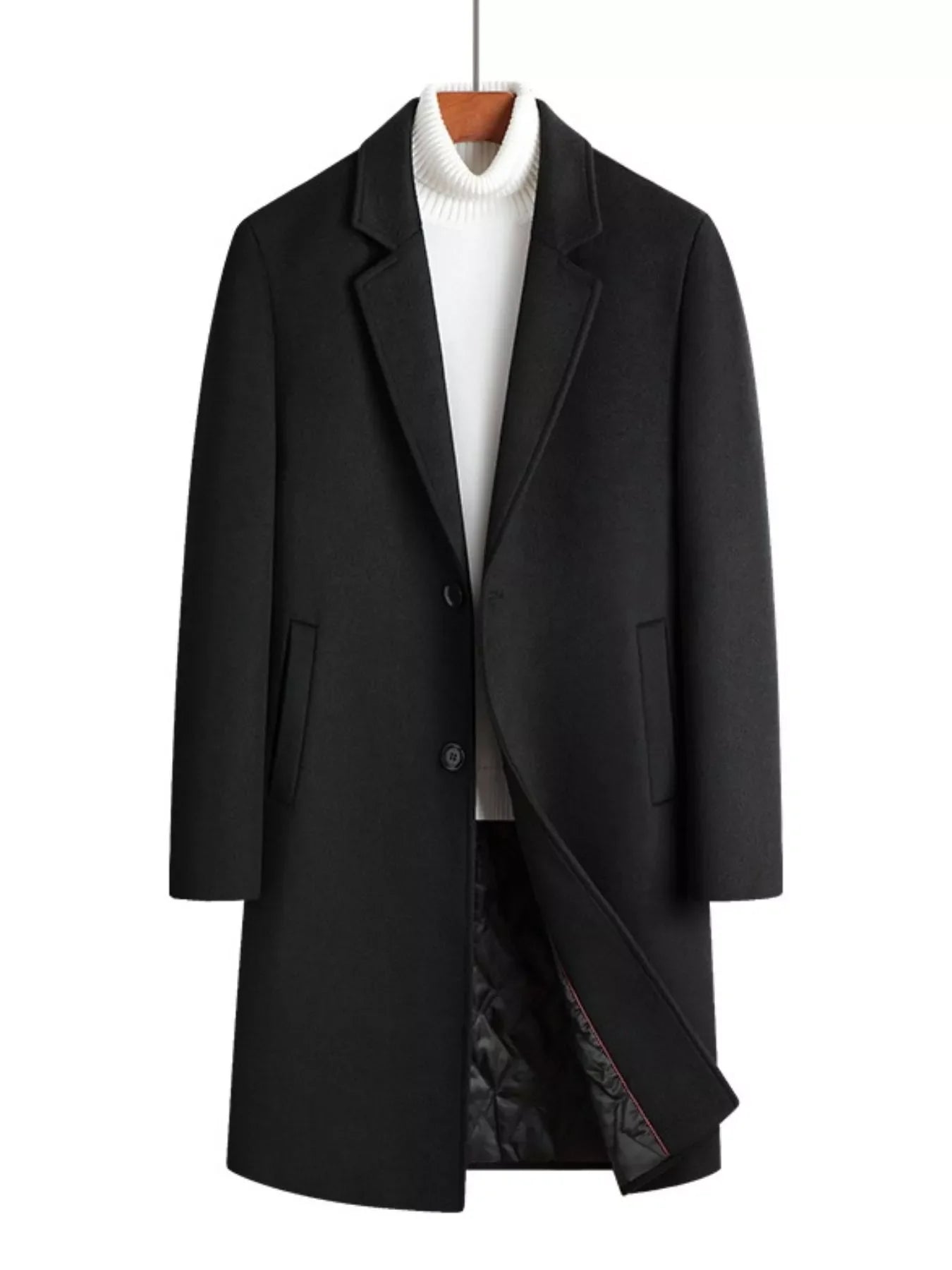 Black classic overcoat with notched lapels, button front, and quilted lining.